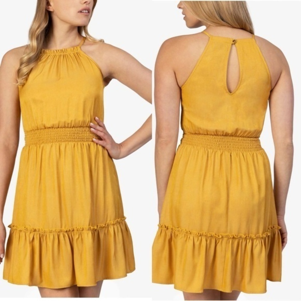 Newshows Women Gold Stretch Ruffled Smocked Sleeveless Halter Short Flare Dress